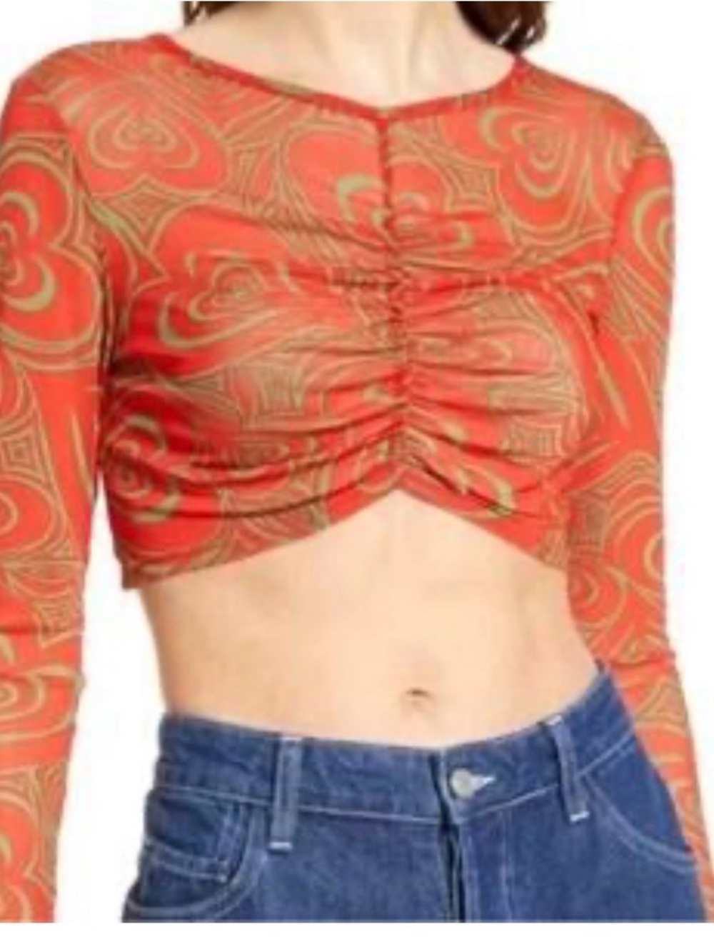 Lisa Says Gah Red and Gold Patterned Ruched Long-Sleeve Crop Top
